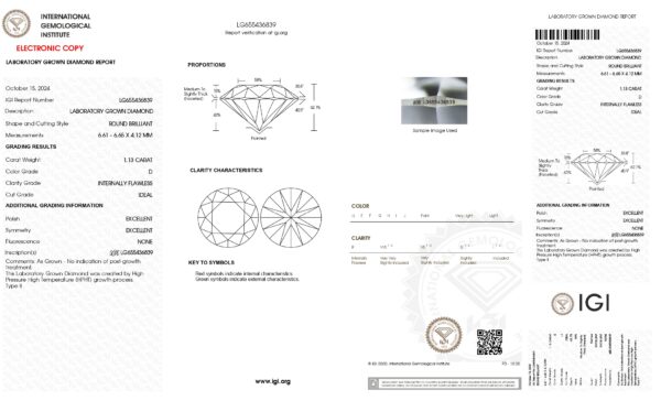 IGI認證實驗室培育鑽石1.13D/IF，完美無瑕，專為求婚戒指設計，展現卓越品質與閃耀光彩。.