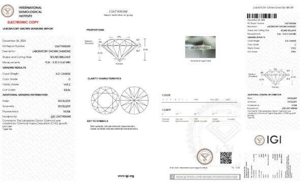 鑽石證書，3.01克拉VVS2等級，IGI認證，實驗室培育，完美透明，適合求婚戒指。.