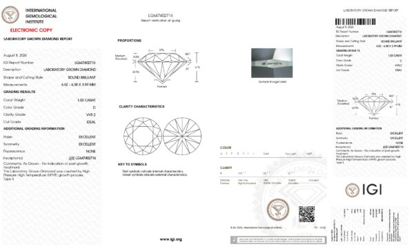 1.03克拉D/VVS2 IGI認證實驗室培育鑽石，完美無瑕，專業鑽石證書。.