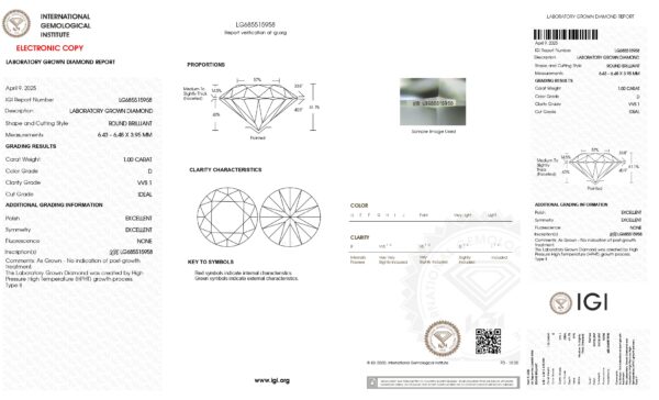 1.00克拉 D/VVS1 IGI認證實驗室培育鑽石證書.
