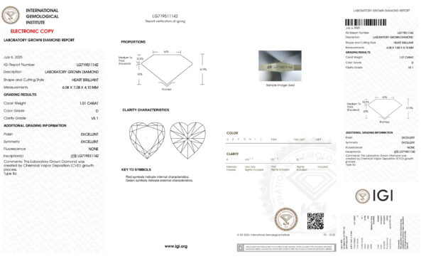 心形 1.01克拉 D/VS1 IGI認證實驗室培育鑽石，完美切工與高透明度，適合求婚或珍藏。.