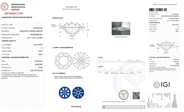 高品質3.05克拉圓形八心八箭切割鑽石，IGI認證，D色VVS2淨度，完美閃耀，適合求婚和高端珠寶收藏。.