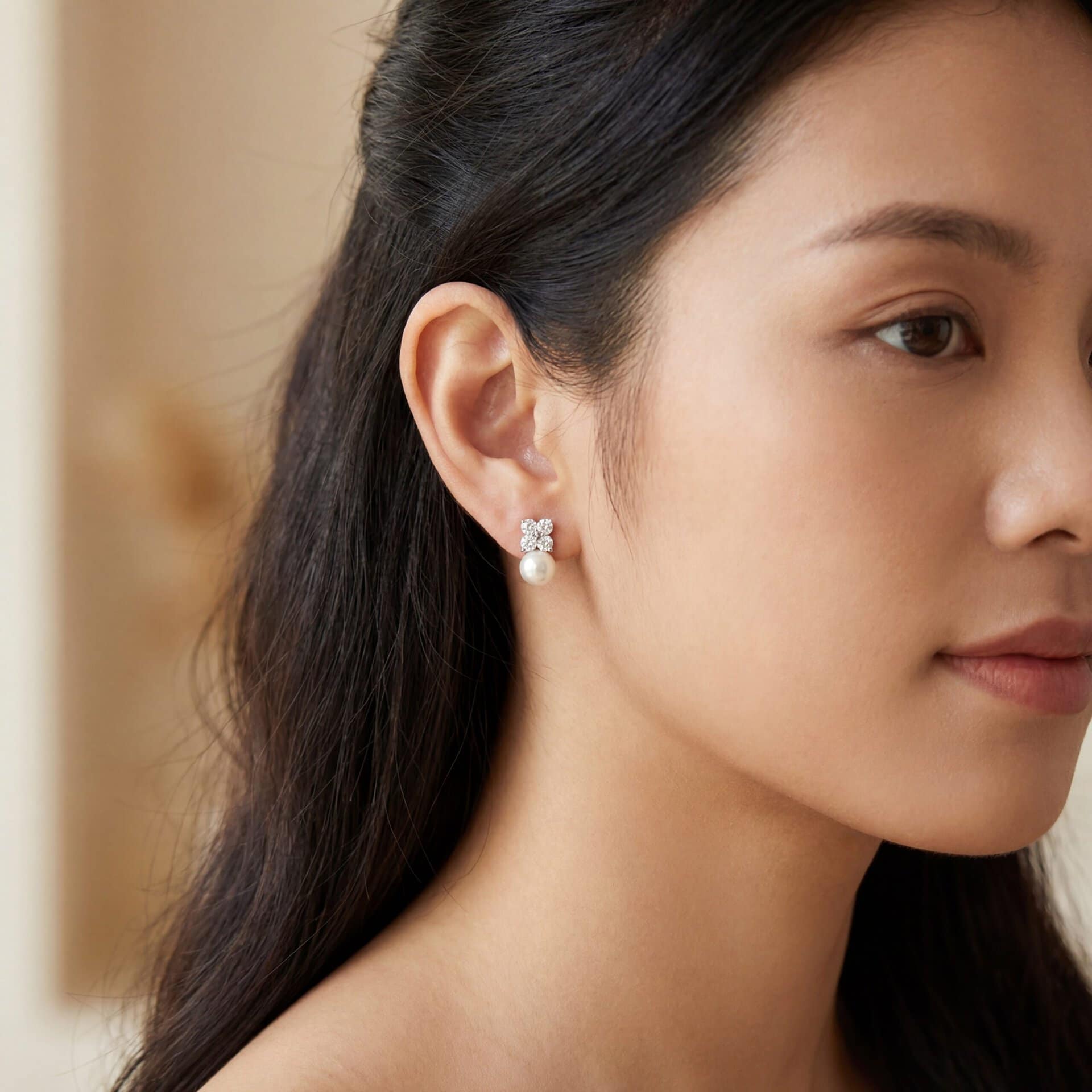 精美母親節限定925純銀培育鑽石珍珠耳環.