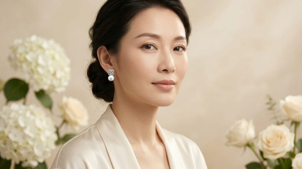 精美女性佩戴閃亮鑽石耳環，展現優雅品味與獨特魅力。.